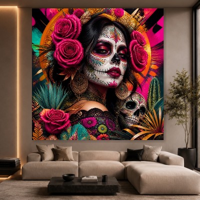 Día de los Muertos Wandbild – farbstarkes Porträt als Gallery Leinwand