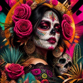 Día de los Muertos Wandbild – farbstarkes Porträt als Gallery Leinwand