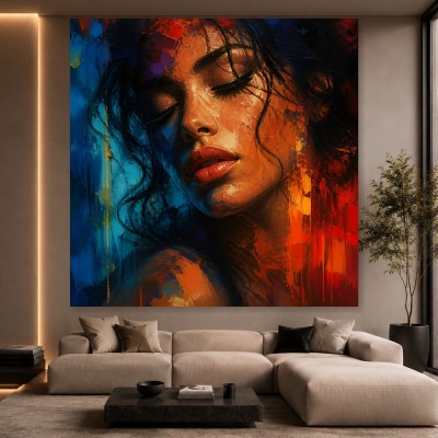 Sinnliches Porträt in Rot und Blau – Modernes Wandbild als Leinwandbild
