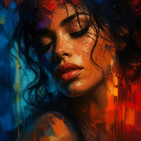 Sinnliches Porträt in Rot und Blau – Modernes Wandbild als Leinwandbild