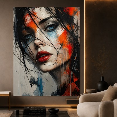 Expressives Frauenporträt – Wandbild & Acrylglasbild in Rot, Blau und Schwarz