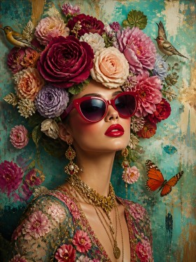 Florale Diva mit roten Sonnenbrillen – Wandbild Poster
