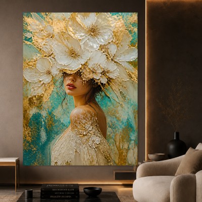 Blütenkönigin in Gold und Türkis – Wandbild auf Gallery Leinwand