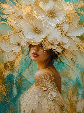 Blütenkönigin in Gold und Türkis – Wandbild auf Gallery Leinwand