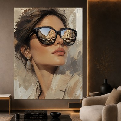 Sonnenbrillen-Porträt mit Stadtreflexion – Modernes Wandbild als Leinwandbild