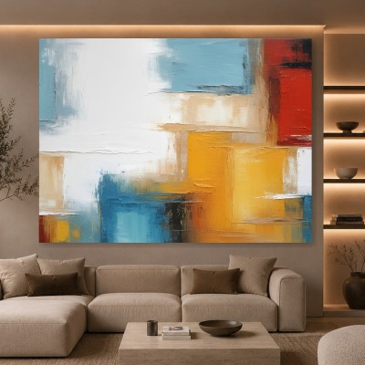 Abstraktes Wandbild als Gallery Leinwand in Türkis, Gelb und Rot