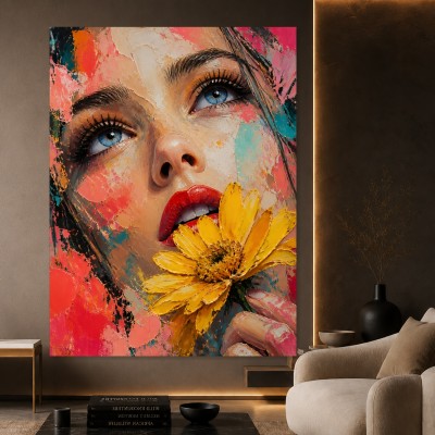 Blauer Blick mit gelber Blüte – Leinwandbild & Acrylbild