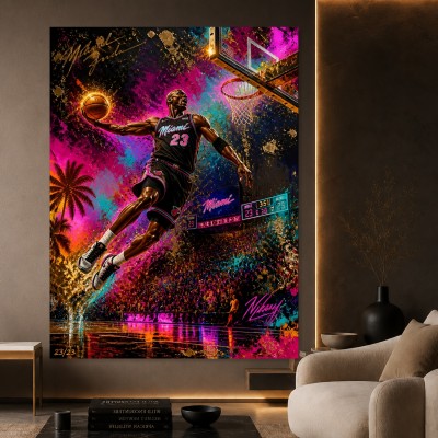 Modernes Wandbild Basketball-Action in Neonfarben als Leinwandbild