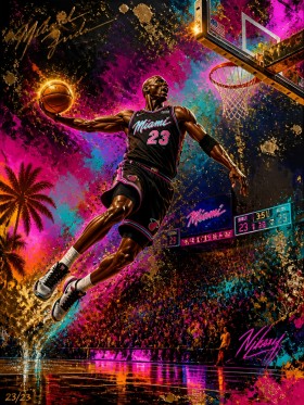 Modernes Wandbild Basketball-Action in Neonfarben als Leinwandbild