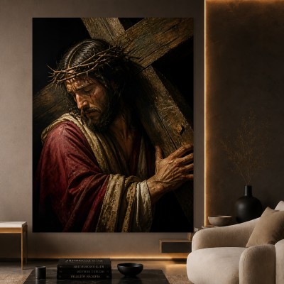 Dramatisches Wandbild Jesus mit Kreuz – Fine Art Print