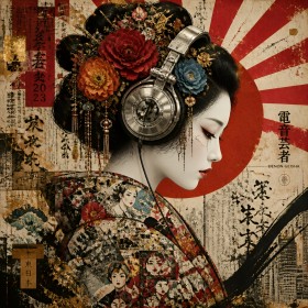 Japanisches Geisha Wandbild als Poster mit Kopfhörer-Motiv