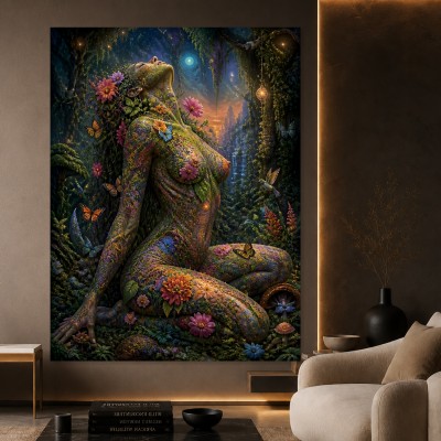 Fantasy-Göttin im Blütenwald – Wandbild als Acrylglasbild