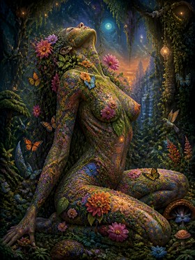 Fantasy-Göttin im Blütenwald – Wandbild als Acrylglasbild