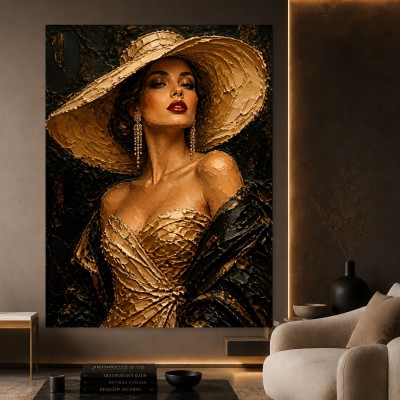 Elegante Diva mit Strohhut – Wandbild als Gallery Leinwand