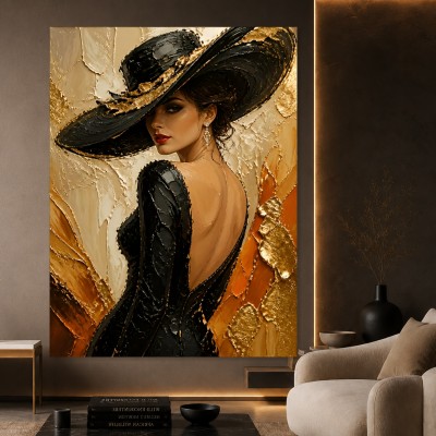 Elegante Dame in Schwarz und Gold – Luxus Wandbild als Fine Art Print