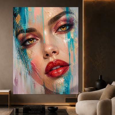 Expressives Porträt Wandbild als Acrylglasbild mit Türkis und Gold