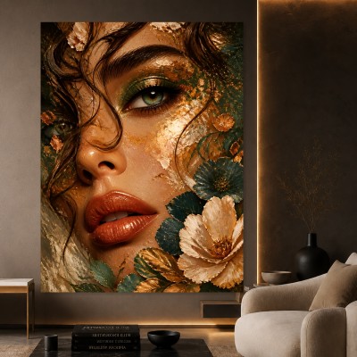 Goldene Blütenpoesie – Leinwand Wandbild mit sinnlichem Porträt