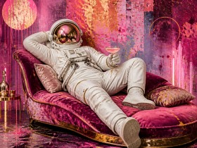 Kosmischer Lounge-Astronaut – Luxus Wandbild als Gallery Leinwand