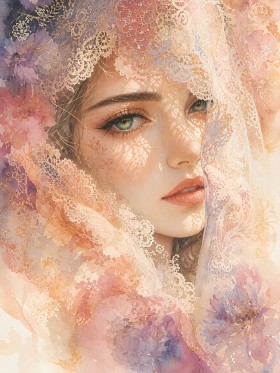 Zartes Porträt mit Blütenschleier – Wandbild als Fine Art Print