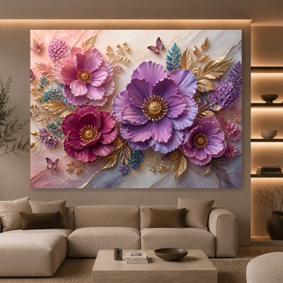 Blüten in Violett und Gold – Luxus Wandbild als Gallery Leinwand