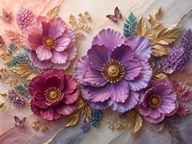 Blüten in Violett und Gold – Luxus Wandbild als Gallery Leinwand