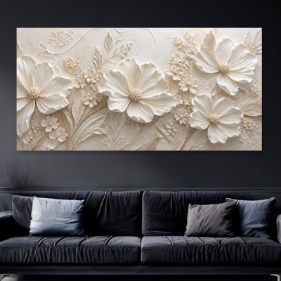 Cremeweiße Blütenreliefs als Modernes Wandbild auf Gallery Leinwand