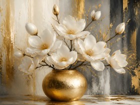 Goldene Magnolien in Vase – Leinwandbild & Poster