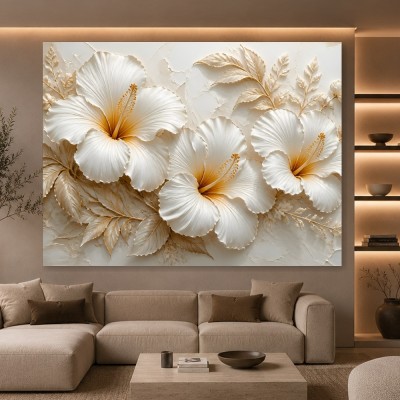Elegante Hibiskusblüten in Cremegold – Leinwand & Acrylbild