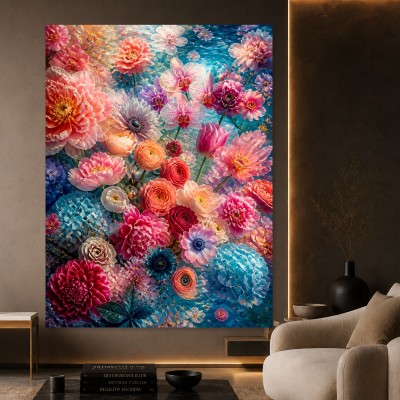 Blütenrausch in Türkis – Leinwand Wandbild mit Orchideen und Pfingstrosen