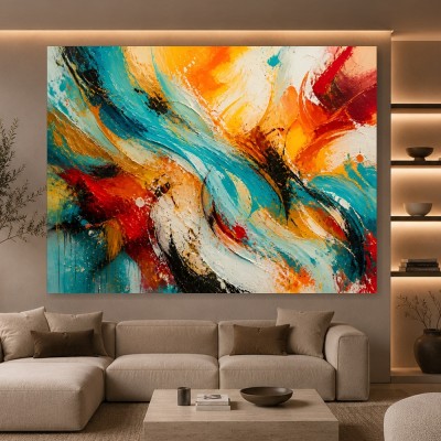 Abstraktes Wandbild in Türkis & Orange – Gallery Leinwand mit dynamischen Farbströmen
