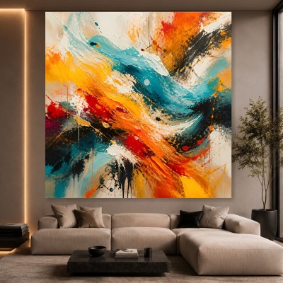 Abstraktes Wandbild „Energiefluss“ als Acrylbild in Türkis und Orange