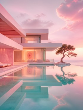 Pastellvilla am Meer – Modernes Wandbild als Gallery Leinwand
