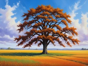 Goldener Herbstbaum – Leinwand & Poster mit weiter Landschaft