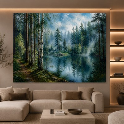 Morgenstille am Waldsee – Leinwand Wandbild mit nebligem Nadelwald