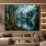 Morgenstille am Waldsee – Leinwand Wandbild mit nebligem Nadelwald