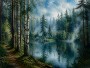 Morgenstille am Waldsee – Leinwand Wandbild mit nebligem Nadelwald