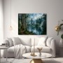 Morgenstille am Waldsee – Leinwand Wandbild mit nebligem Nadelwald