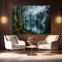 Morgenstille am Waldsee – Leinwand Wandbild mit nebligem Nadelwald