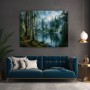 Morgenstille am Waldsee – Leinwand Wandbild mit nebligem Nadelwald