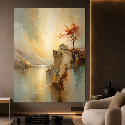 Haus am Felsufer – Modernes Wandbild als Leinwandbild
