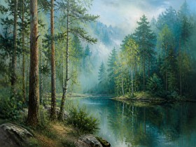 Morgenstille am Waldsee – Leinwand Wandbild