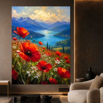 Mohnblumen am Bergsee – Leinwand und Acrylglasbild mit alpiner Landschaft