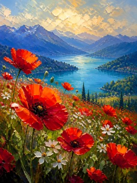 Mohnblumen am Bergsee – Leinwand und Acrylglasbild mit alpiner Landschaft