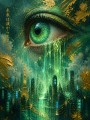 Mystisches Auge über der Stadt – Leinwandbild Wandbild in Türkis und Gold