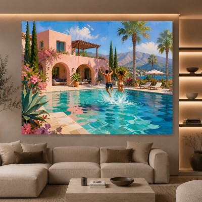 Mediterrane Poolvilla – Wandbild als Poster mit Sommerflair