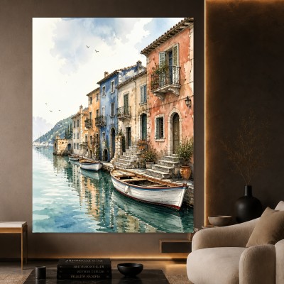 Mediterrane Hafenpromenade – Wandbild auf Leinwand