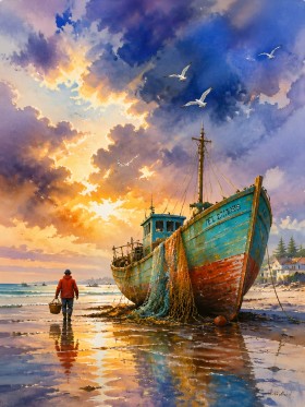 Fischerboot im Abendlicht – Leinwand & Acrylbild als maritimes Kunstwerk