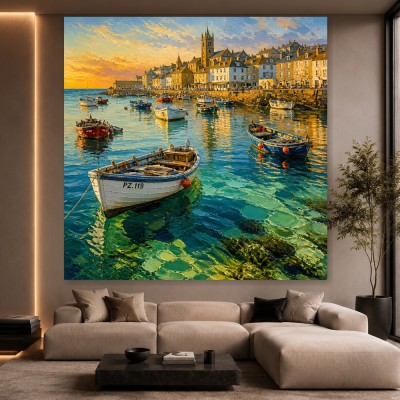 Goldener Hafen bei Sonnenuntergang – Leinwandbild als Fine Art Print
