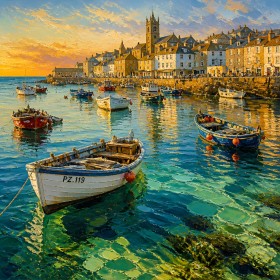 Goldener Hafen bei Sonnenuntergang – Leinwandbild als Fine Art Print