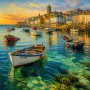 Goldener Hafen bei Sonnenuntergang – Leinwandbild als Fine Art Print
